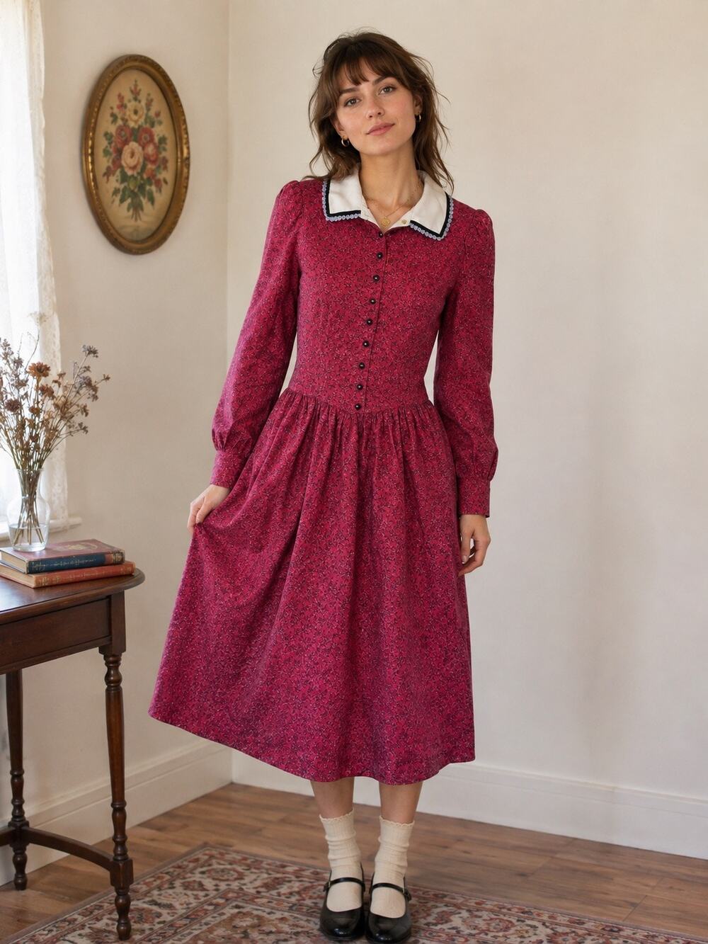 Vintage 70/80s Lanz Originals Prairie Removable Collar Floral MIDI Dress Cottage